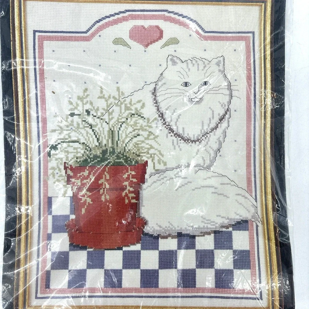Banar Designs Counted Cross Stitch Kit Kitty Cat 11x14 White Persian w Plant NEW